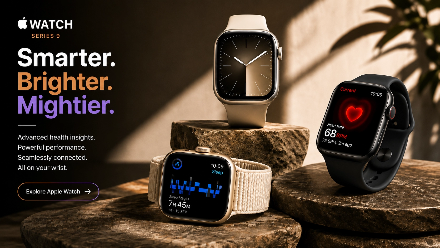 Apple Watch Series 9 premium smartwatch ecommerce hero banner for UK online electronics store